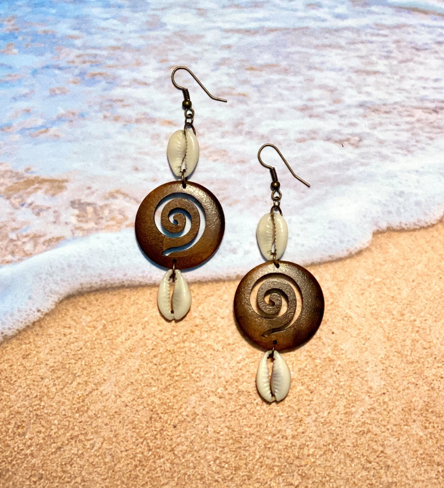 Double Cowrie Wooden Earrings