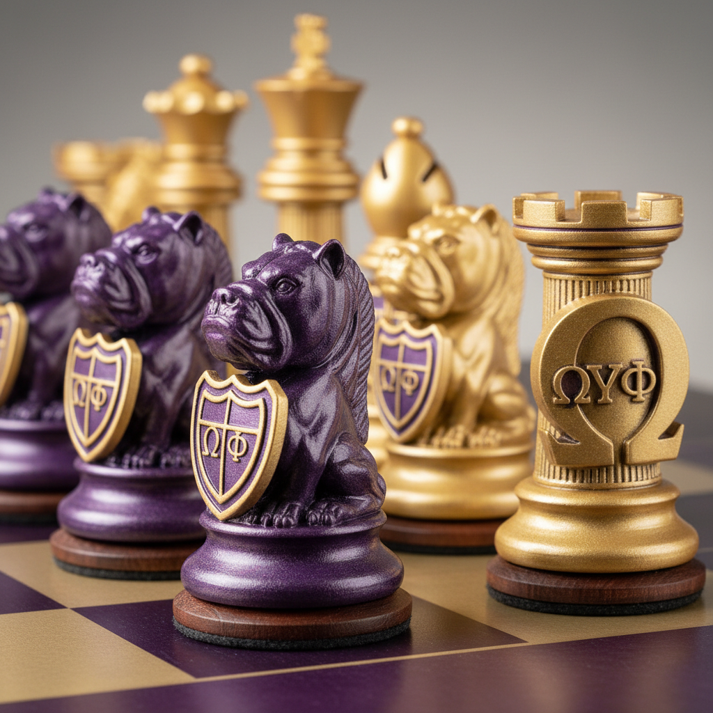 Omega Psi Phi Chess Set - close-up of custom pieces